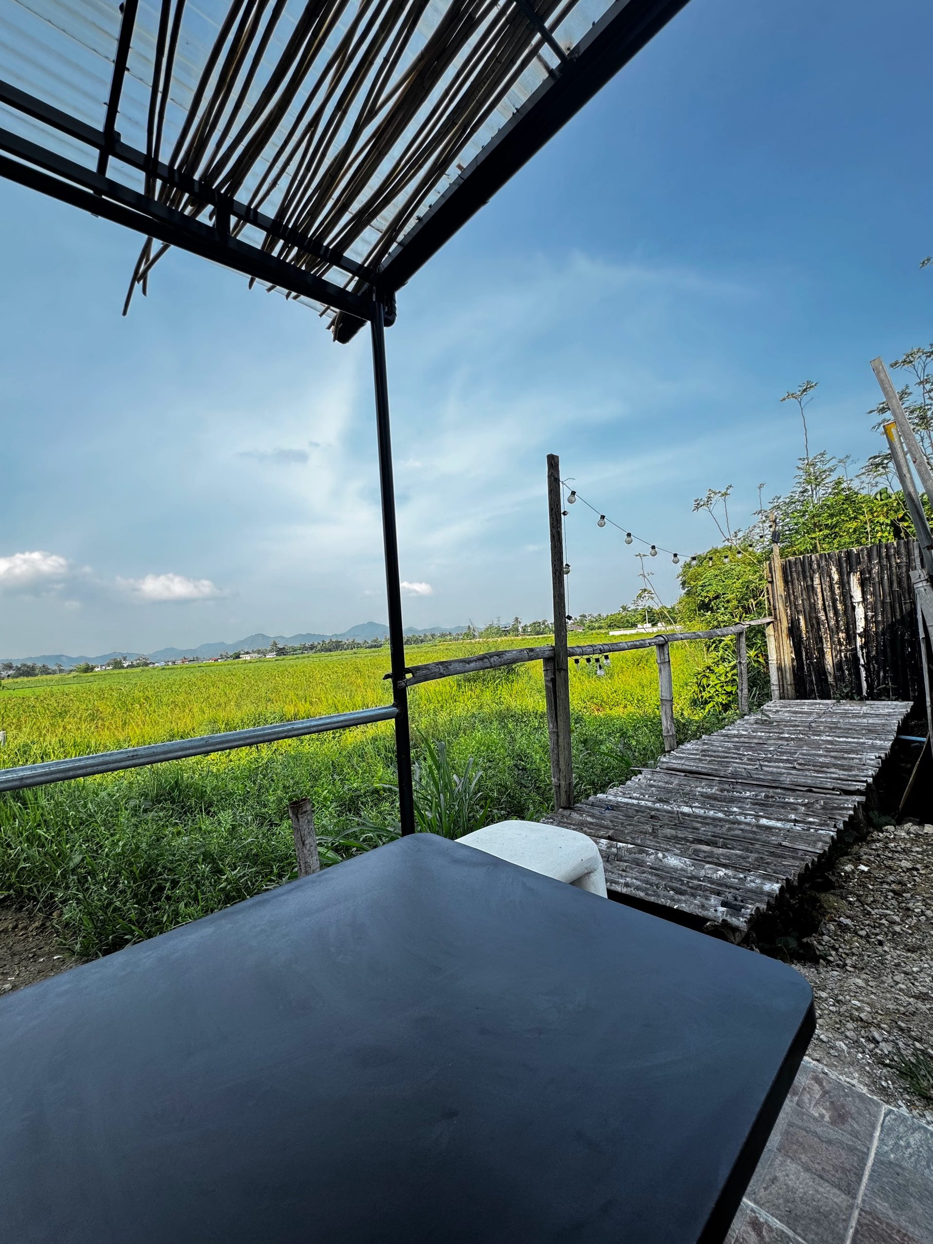 View of the rice fields and mountains from the bamboo deck at Arbs Co&Co in Alangalang, Leyte